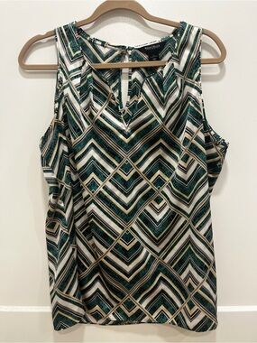 White House Black Market Geometric Sleeveless Top in Green, Cream, and Gold